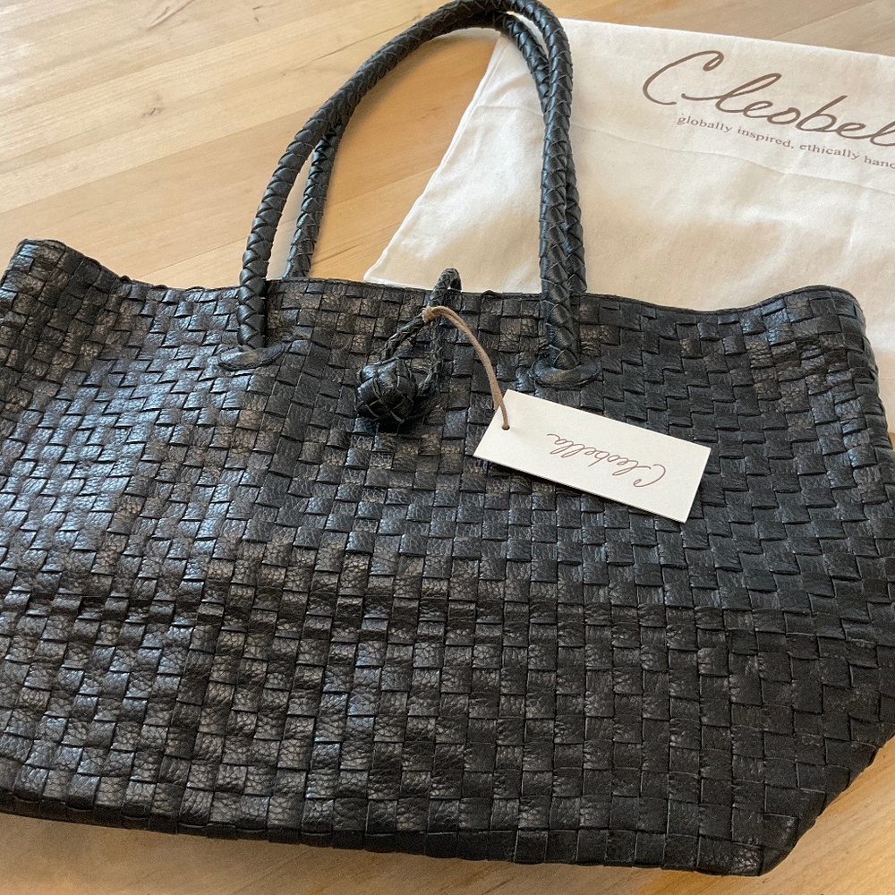 CLEOBELLA WOVEN LARGE BLACK LEATHER TOTE BRAND NEW
